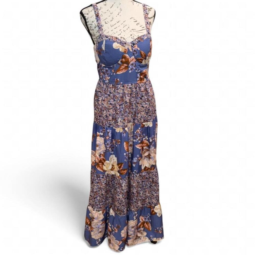 BOG Collective Blue Brown Floral Maxi Dress Smocked Corset Babydoll Boho M